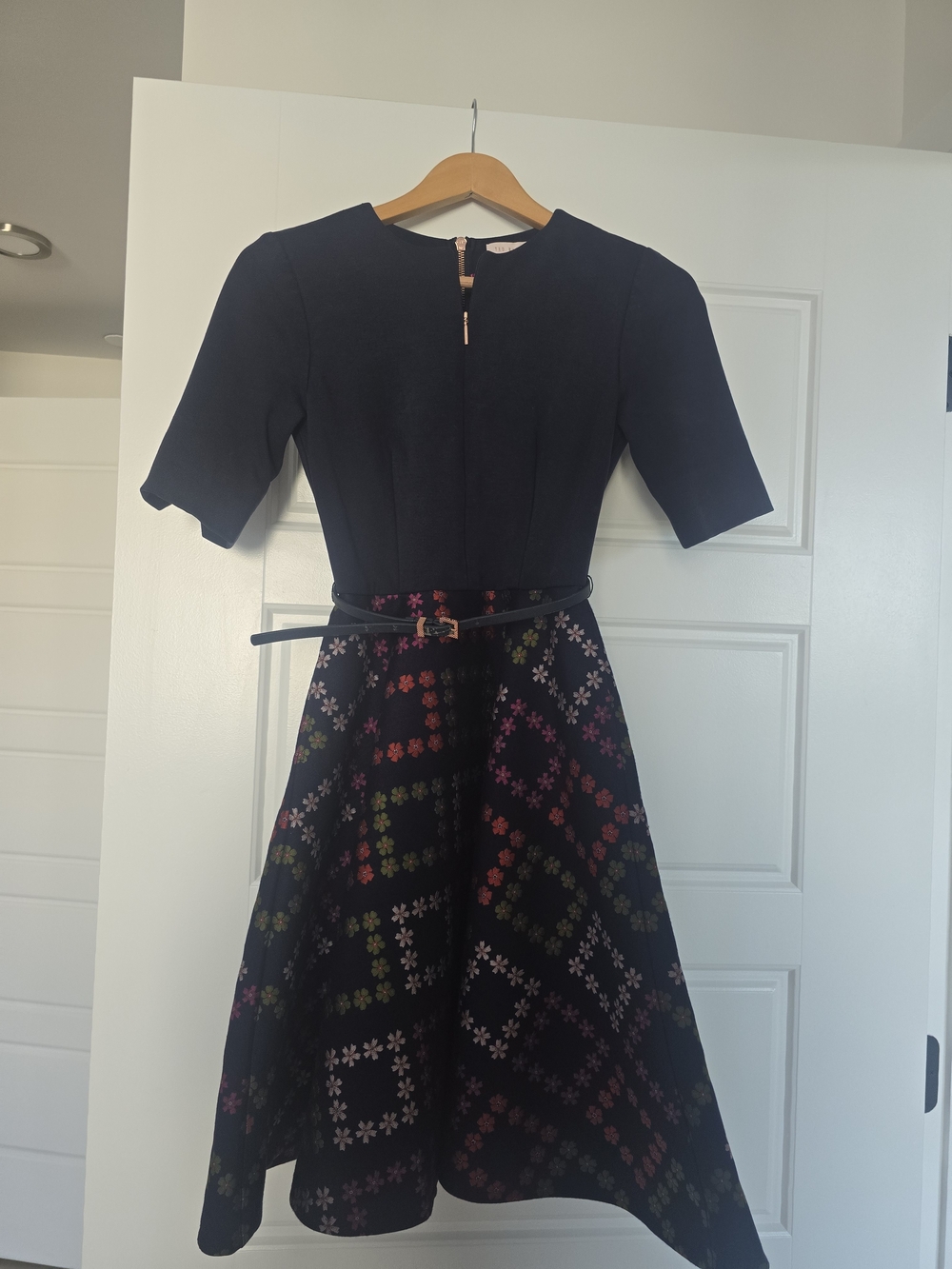 Ted Baker London Black Fit-and-Flare Midi Dress with Multicolor Floral Skirt